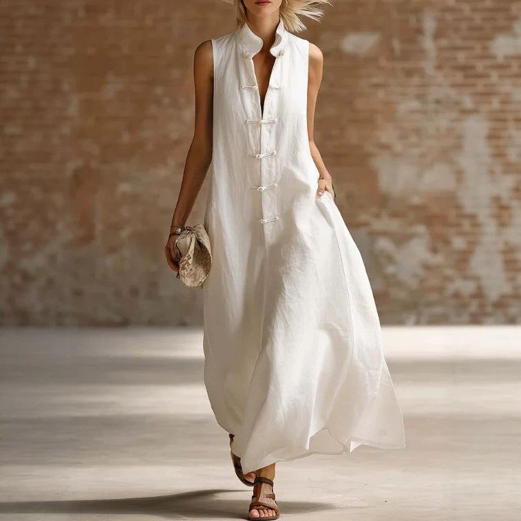 Women's Fashion Stand Collar Frog Buckle Loose Linen Cotton Dress