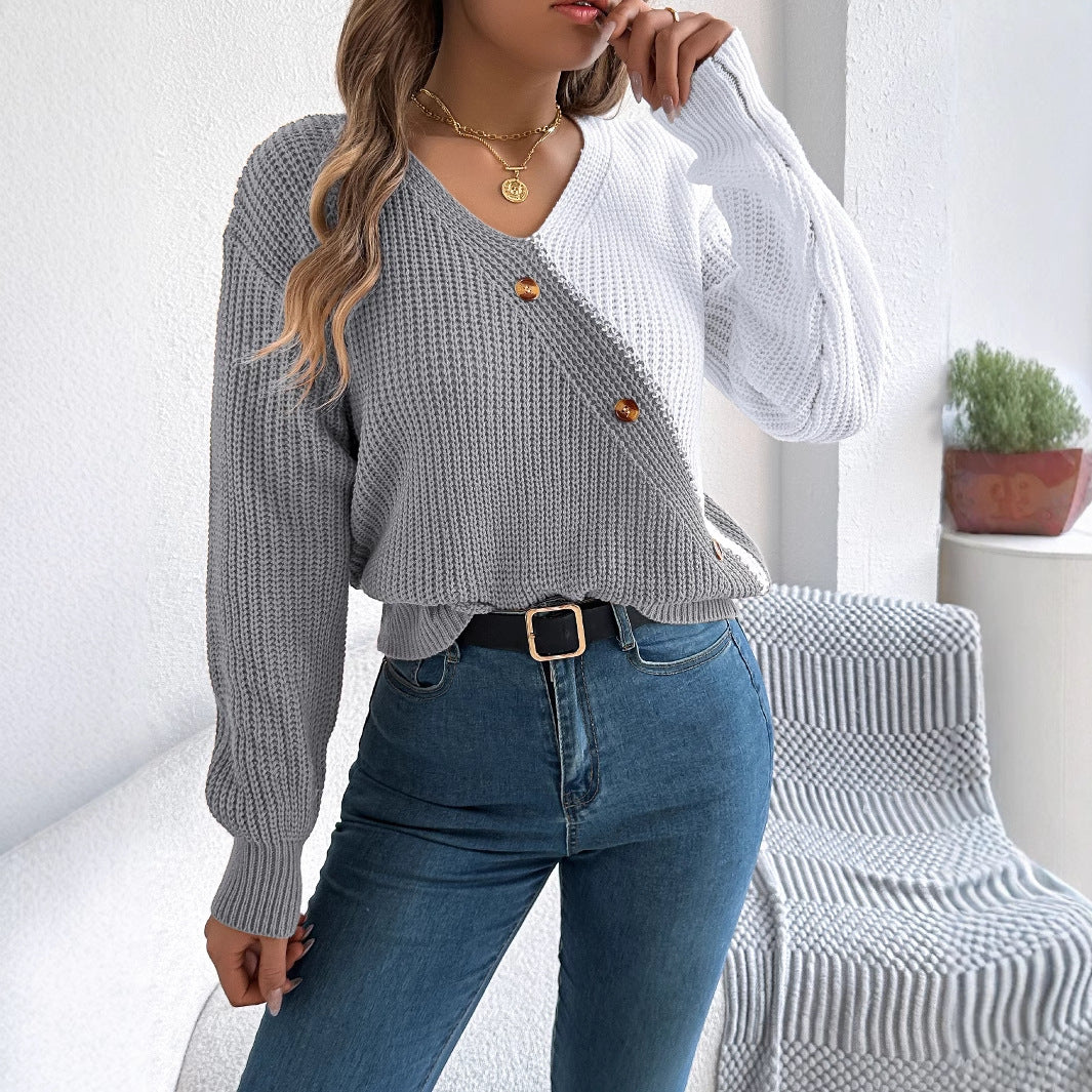 Women's Casual Button Contrast Color Lantern Sleeve Clothing