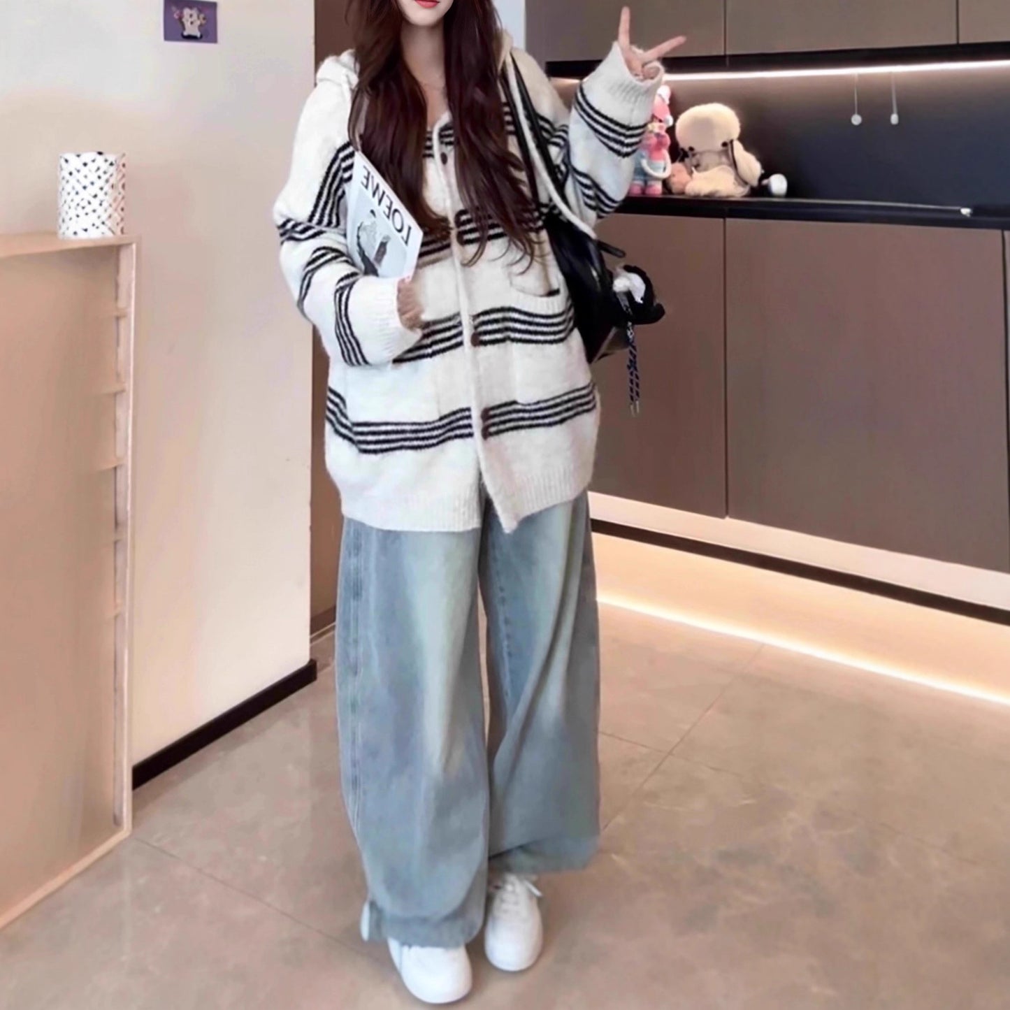 Women's Idle Style Mixed Color Stripe Hooded Long Sweater