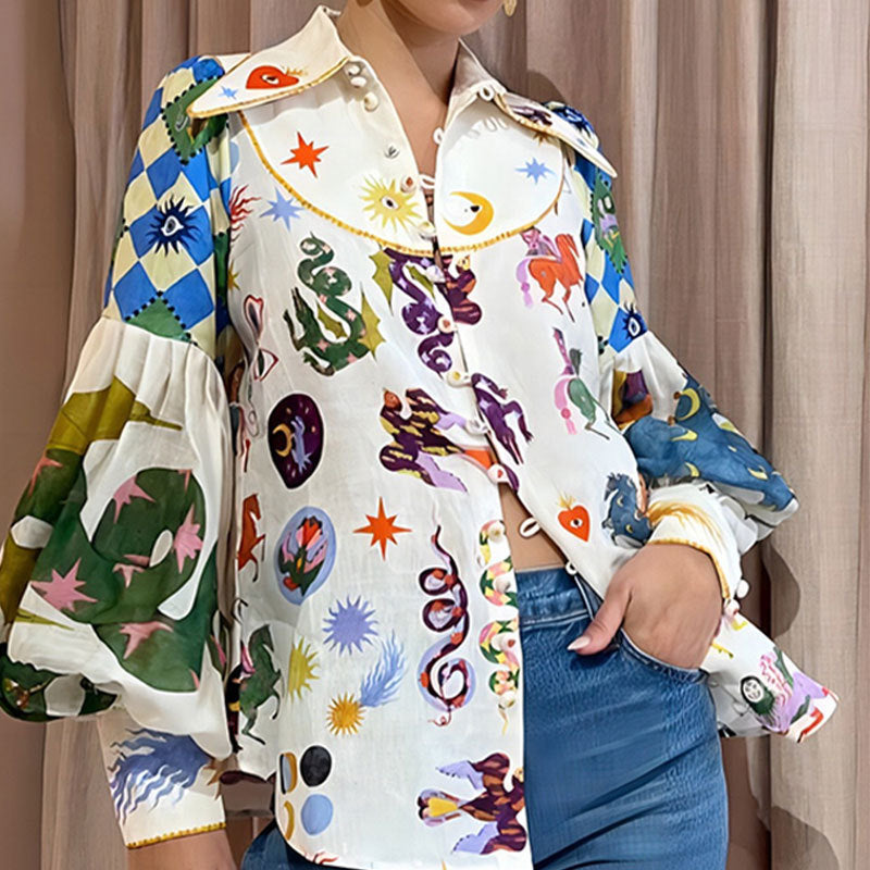 Women's Loose Iti Printing Lapel Lantern Sleeve Blouses