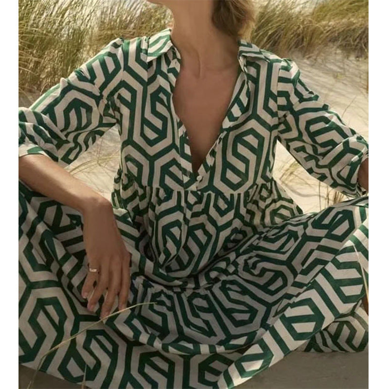 Women's Long Sleeve Turn-down Collar Green Geometric Pattern Dress