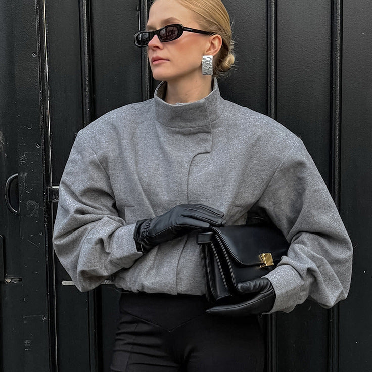 Women's Small Stand Collar Temperamental Loose Woolen Coats