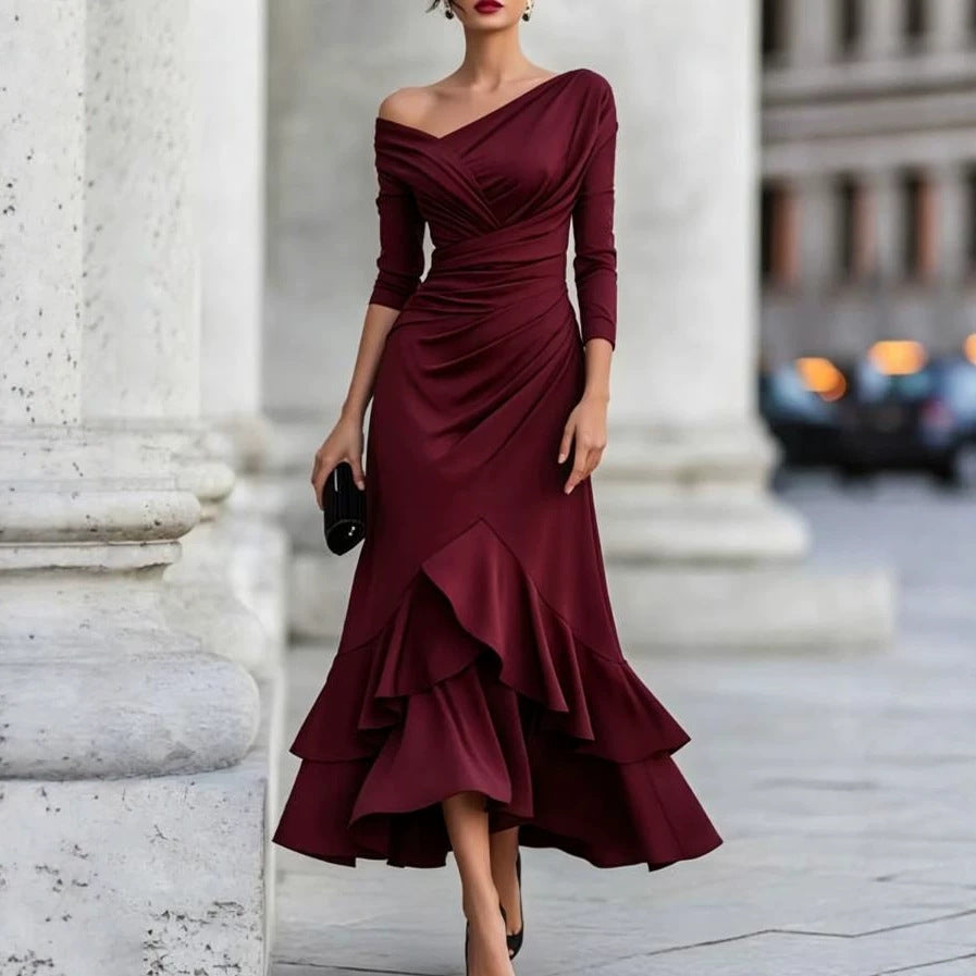 Women's Autumn Crimp Ruffled Long Sleeve Elegant Slim Dress