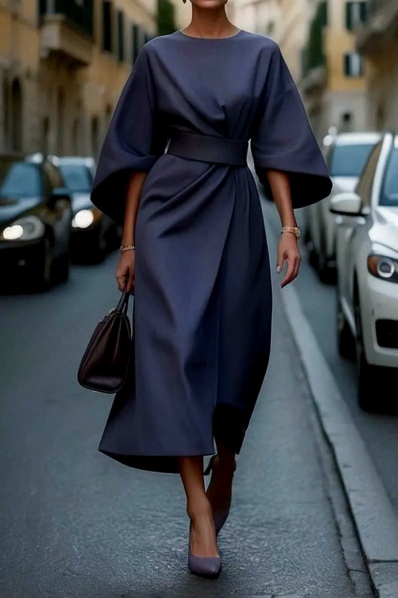 Women's Fashion Elegant Solid Color Waist Tight Casual Dolman Sleeve Dress