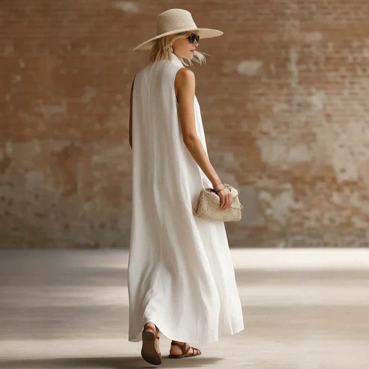 Women's Fashion Stand Collar Frog Buckle Loose Linen Cotton Dress