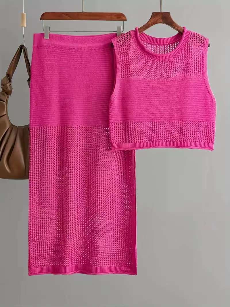 Hollow Sleeveless Summer Knitted Slit Two-piece Sweater