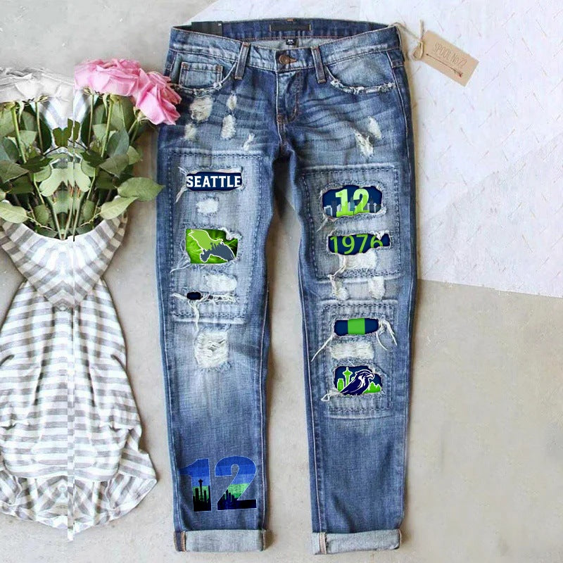 Women's Street Printing Ripped Straight Denim Trousers Jeans