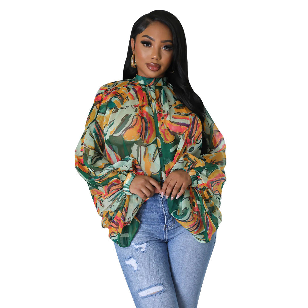 Women's Lace Printing Chiffon Shirt Batwing Sleeve Blouses