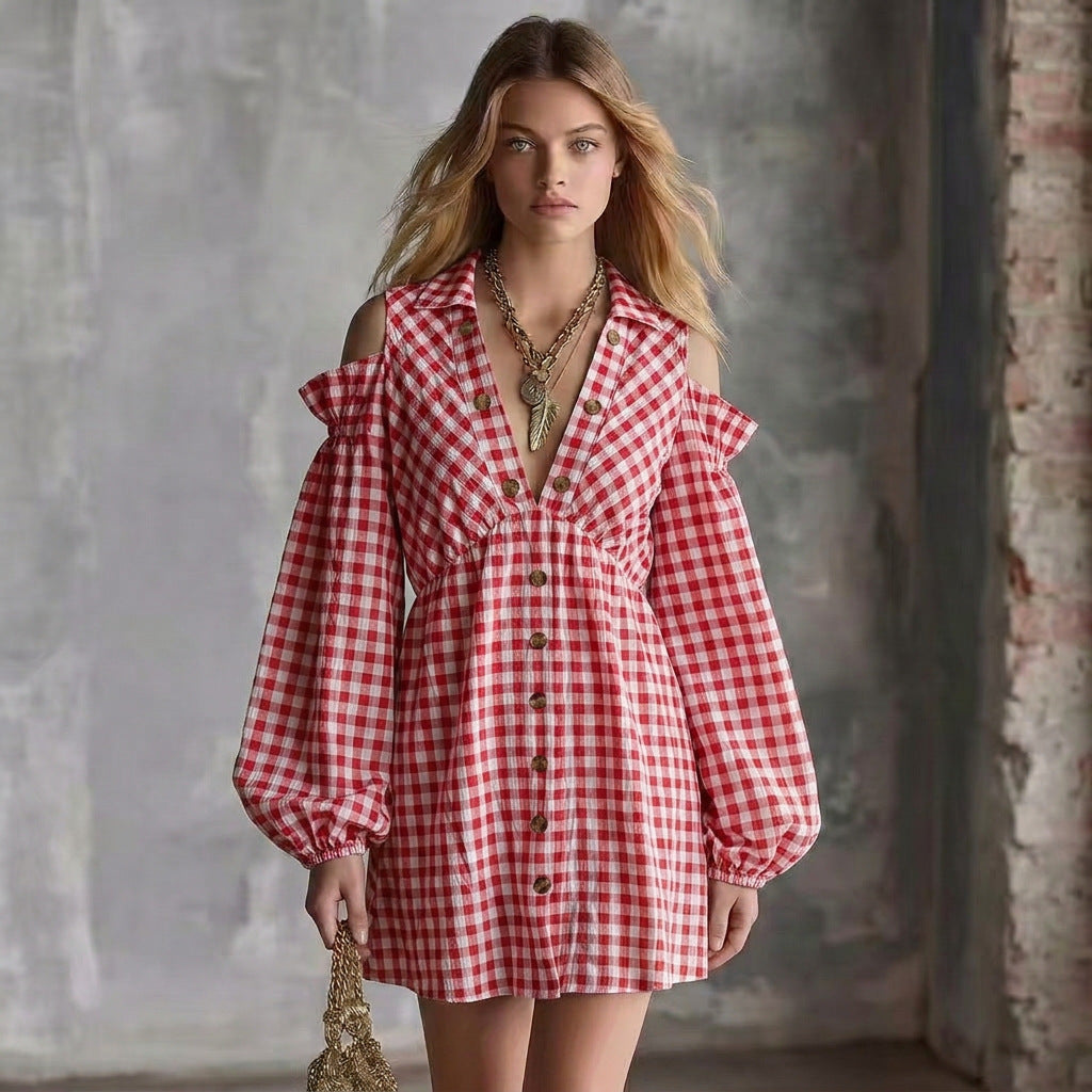 Autumn Color Contrast Patchwork Retro Lantern Sleeve Dress