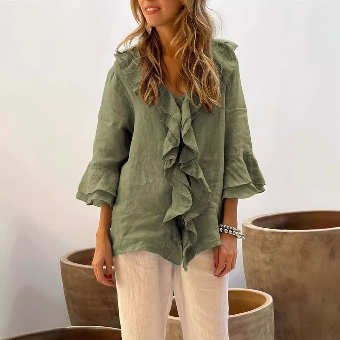 Women's Autumn Fashion Ruffled Sleeve Loose Casual Blouses