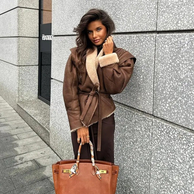 Women's Suede Warm Fur Brown Sweet Fresh Coats