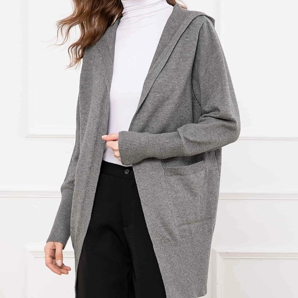 Women's V Loose Outer Wear Mid-length Outerwear Casual Simple Commute Hooded Sweater