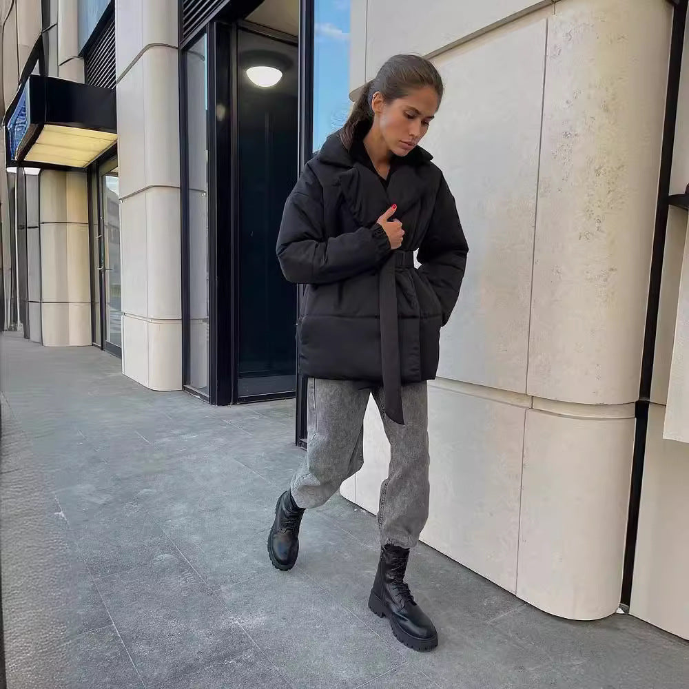 Women's Winter Padded Lapel Cinched Slimming Pure Coats