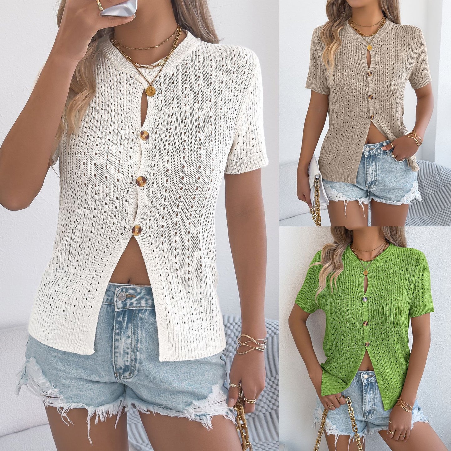 Women's Solid Color Button Short-sleeved For Sweaters
