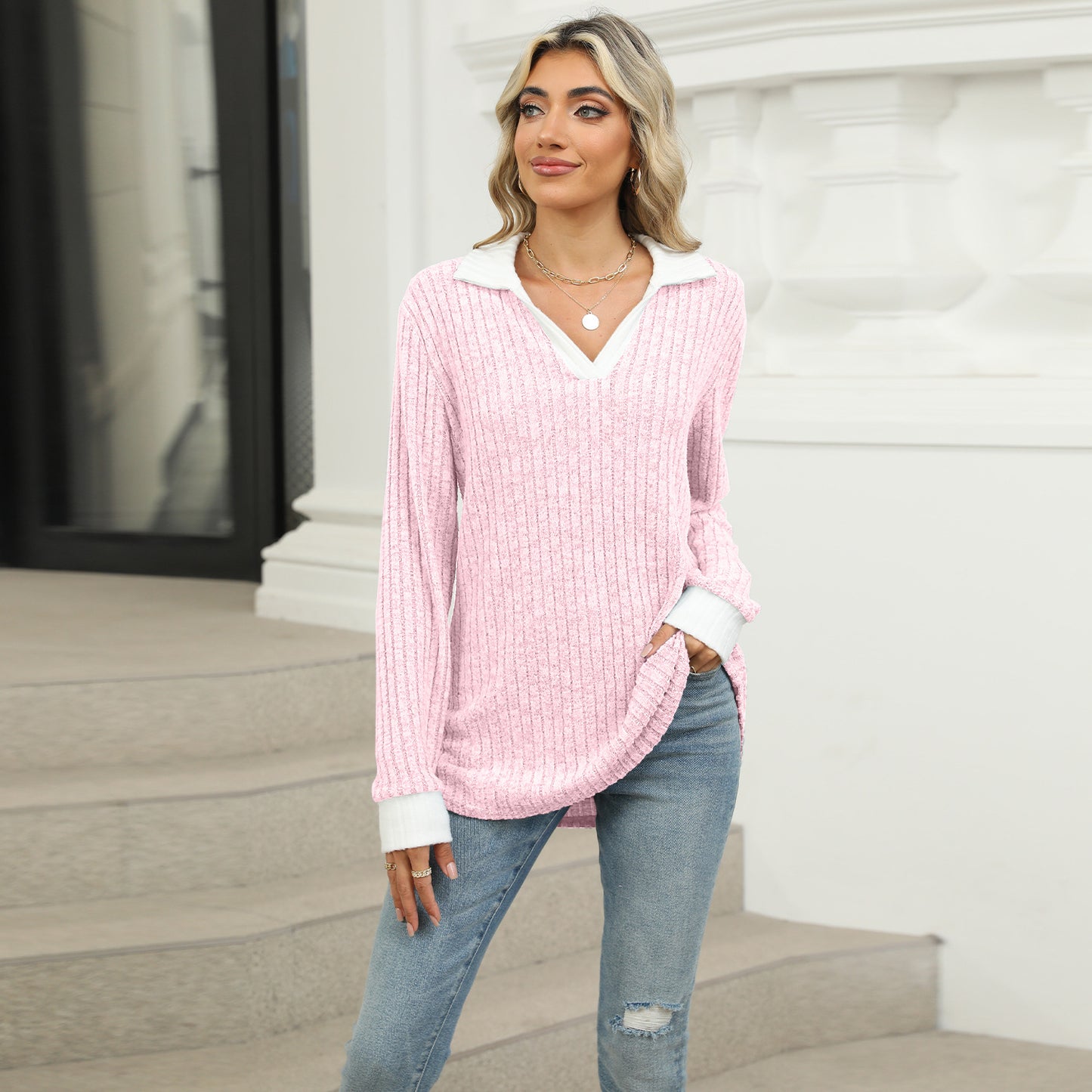 Women's Contrast Color Lapels Long Sleeve Loose-fitting Blouses