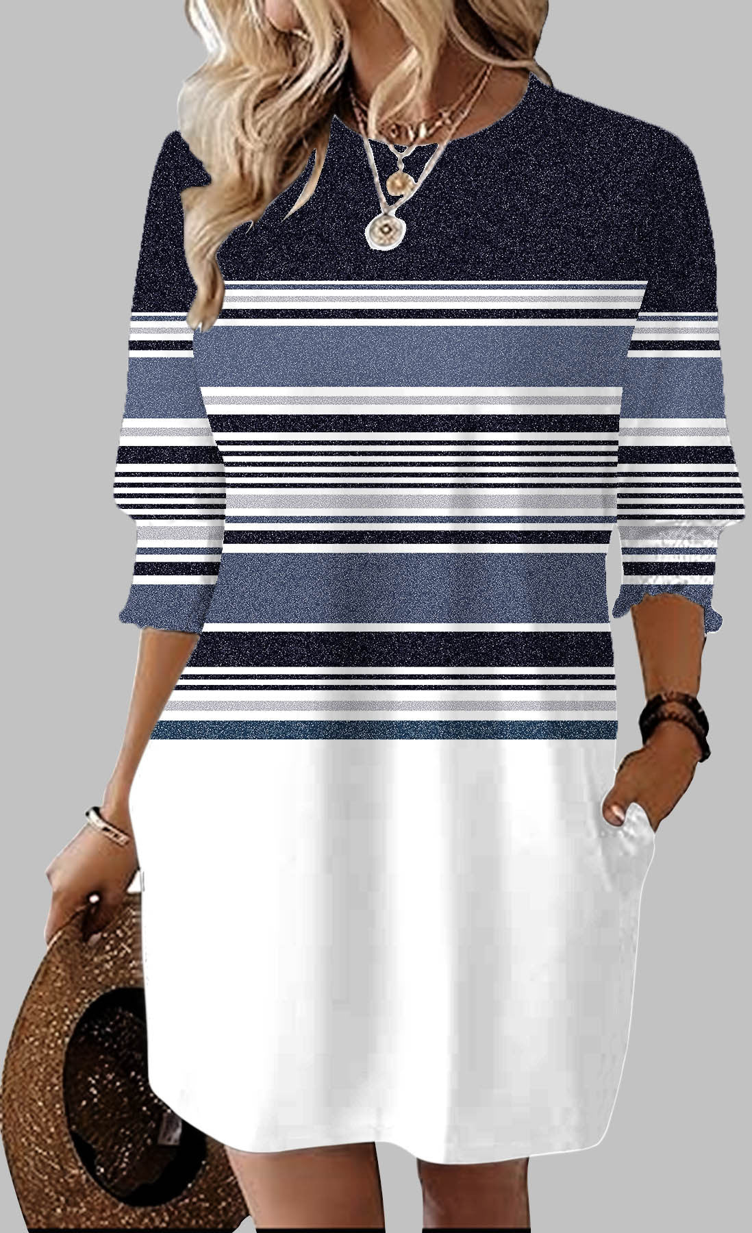 Women's Color Round Neck Loose Middle Sleeve Dresses