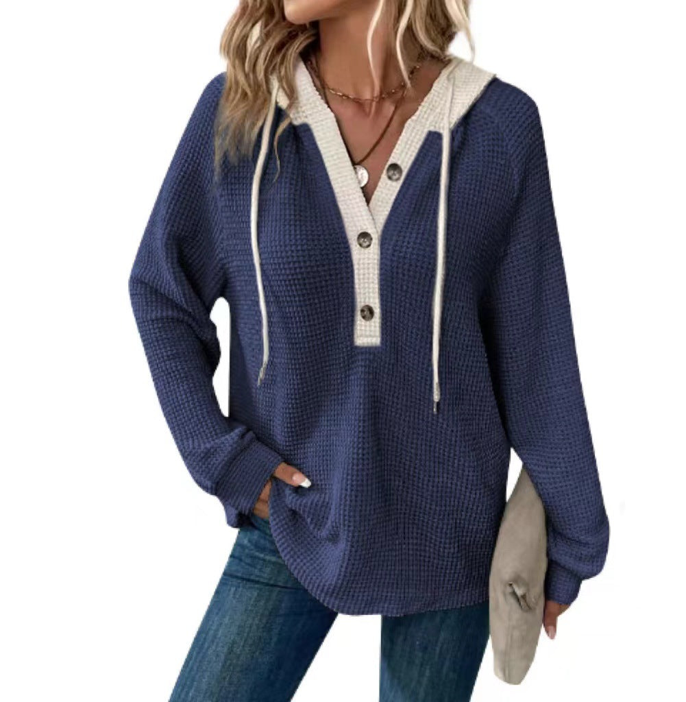 Women's Waffle Hooded Button Loose Long Sleeve Matching Women's Sweater, Sweater