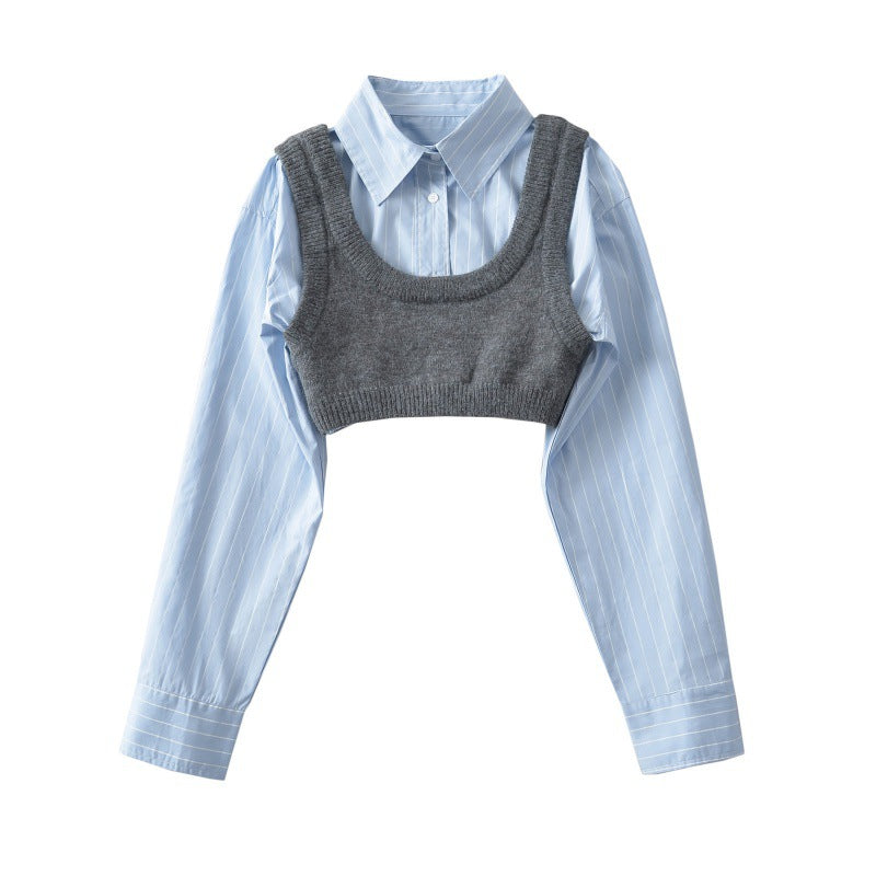 Desire Style Striped Shirt Two-piece Sleeveless Knitted Suits