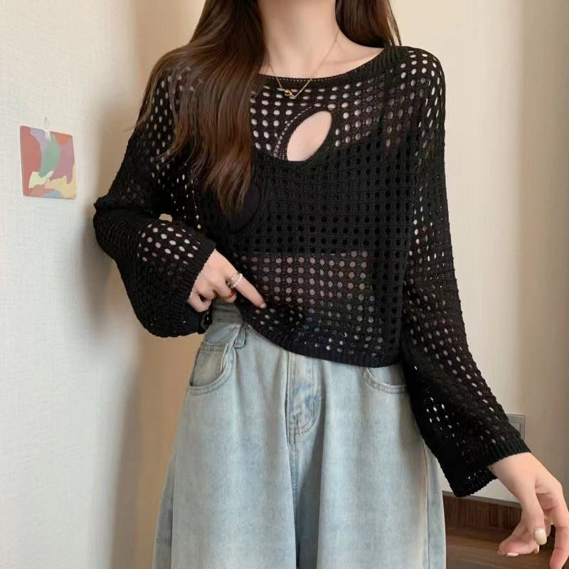 Women's Design High-grade Summer Hot Slimming Cutout Long Sleeve Ripped Women's Sweater
