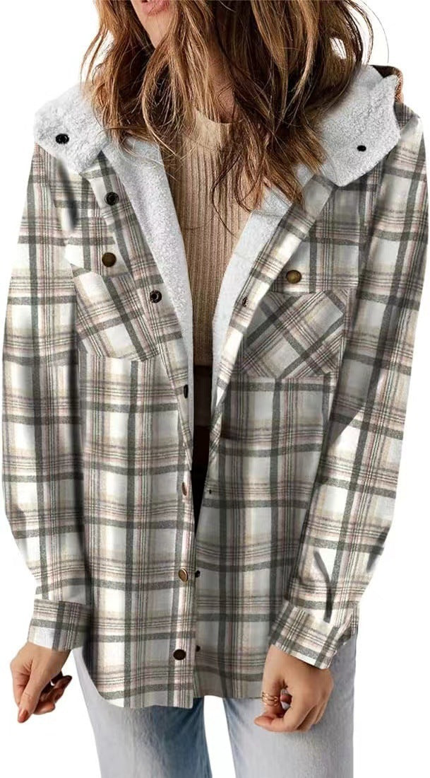 Women's Thermal With Pocket Casual Plaid Shirt Jackets