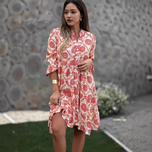 Women's Summer Collar Bell Sleeve Printed Shirt Dresses