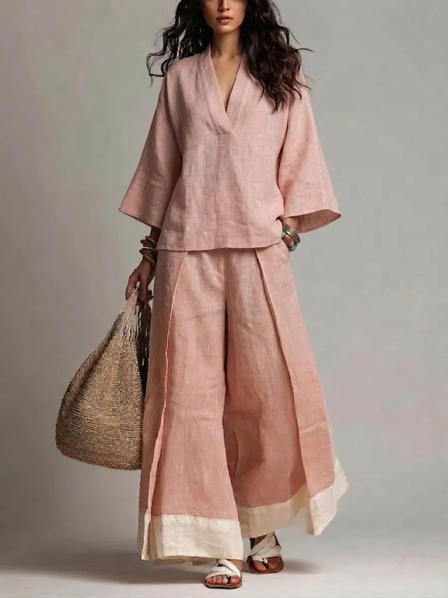 Women's Cotton Linen French Collar Sleeve Shirt Contrast Fashion Casual Suit