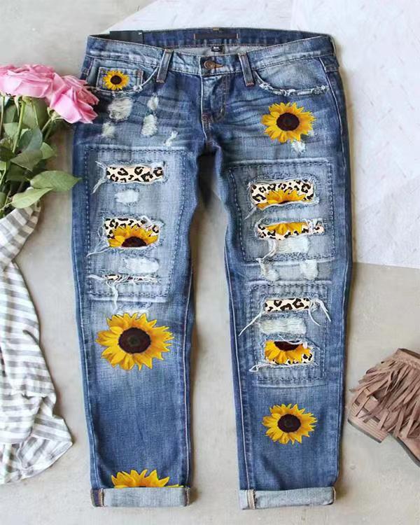 Women's Sunflower Print Ripped Straight Denim Trousers Jeans