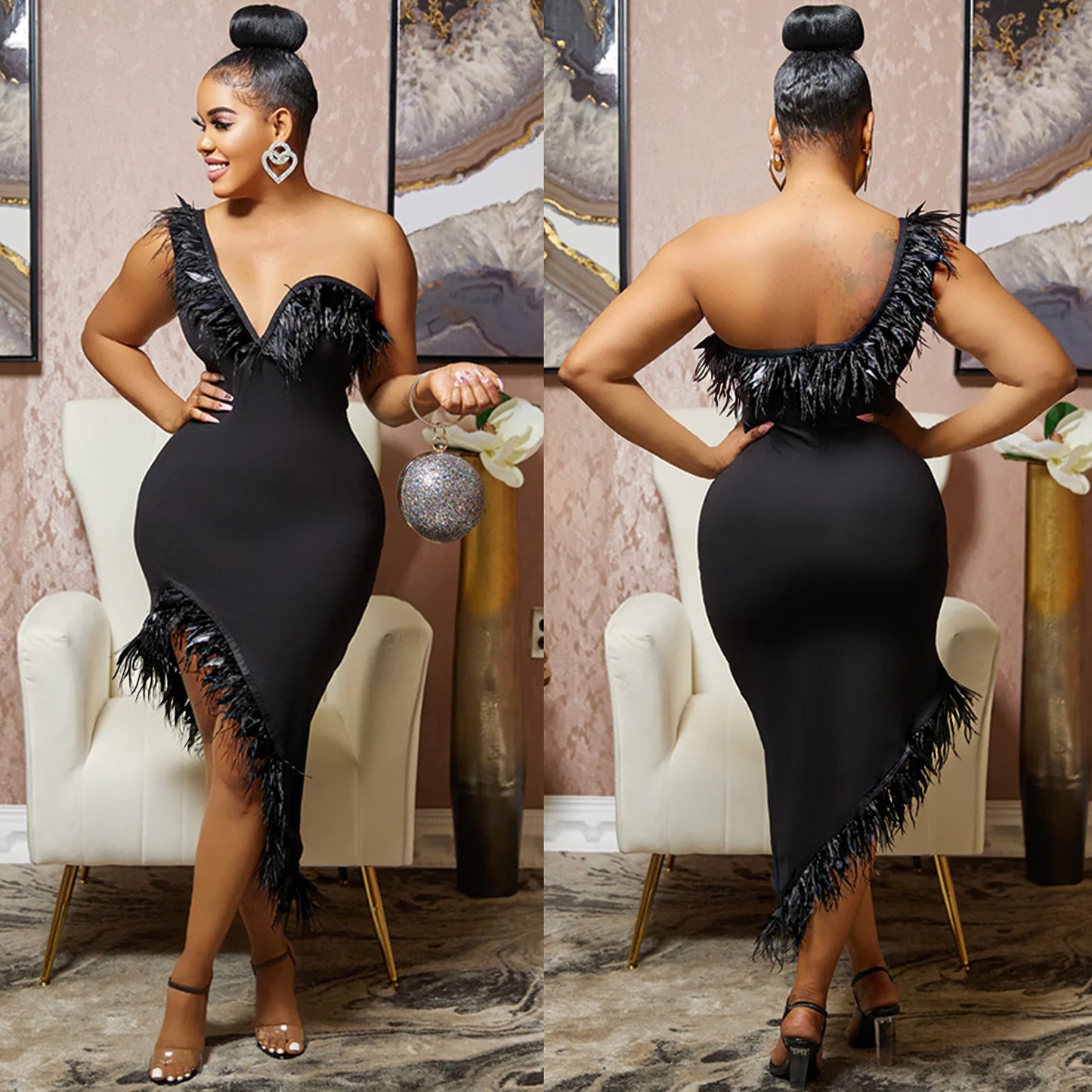 Solid Color Sleeveless Feather Irregular Midi Dresses