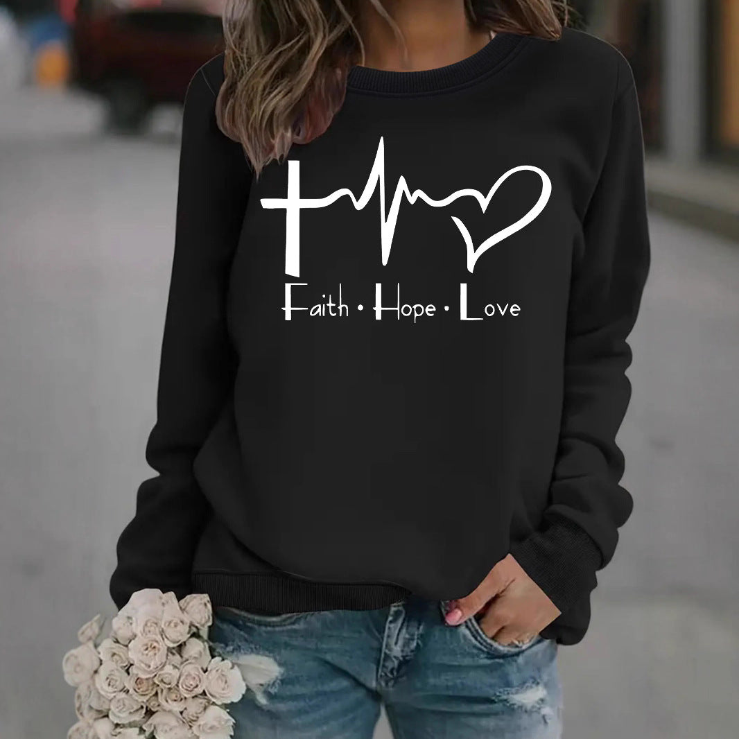 Women's Loose Casual Faith Hope Love Jump Printed Wear Round Neck Women's Sweater, Sweater
