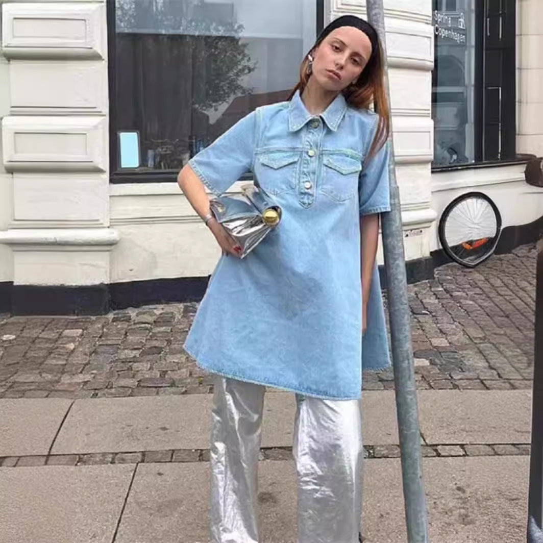 Women's Blue Washed Sleeve Denim Dress A- Dresses