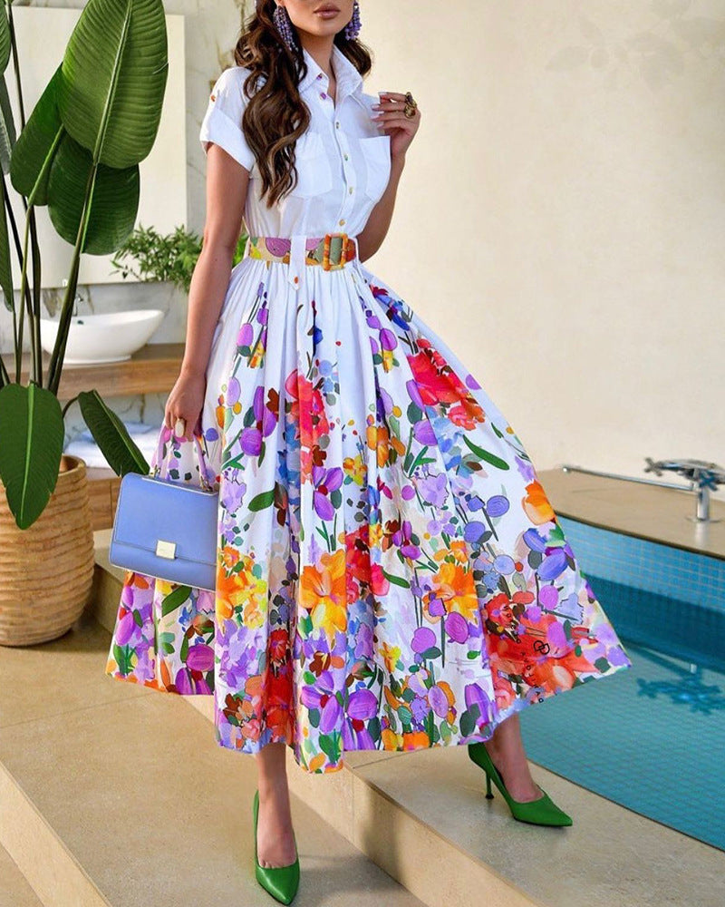 Collar Large Swing Positioning Flower Print Dresses