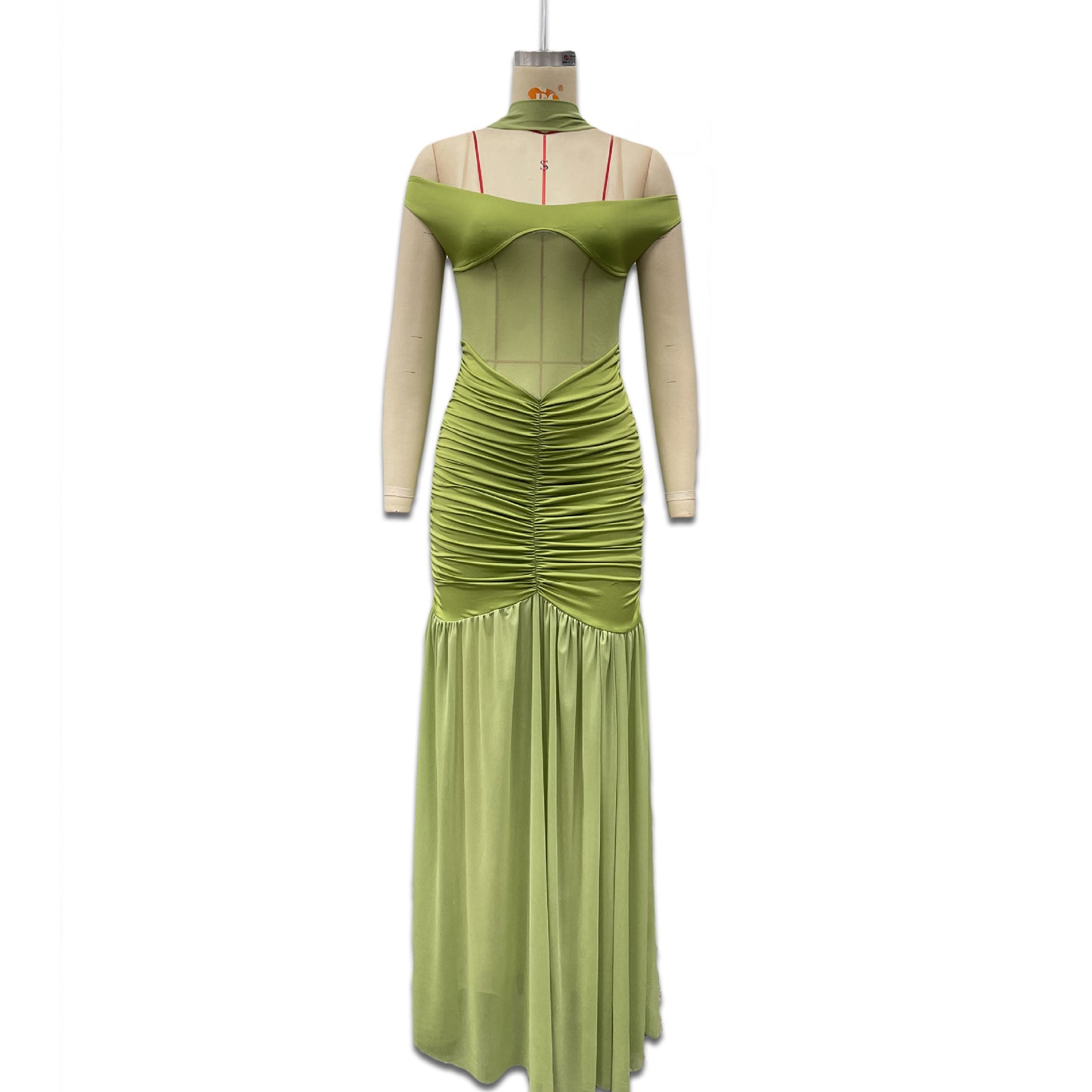 Women's Solid Color Sexy Mesh Stitching Pleated High Slit Dress