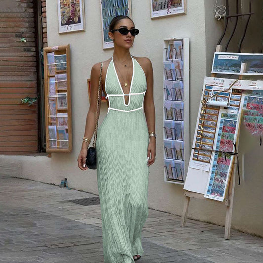 Women's Fashion Color Contrast Halter Backless Knitted Dresses