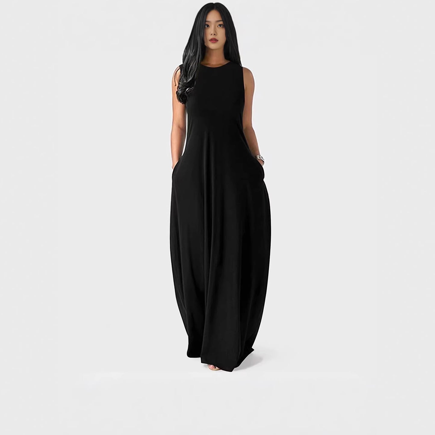 Summer Solid Color Round Neck Casual Dress