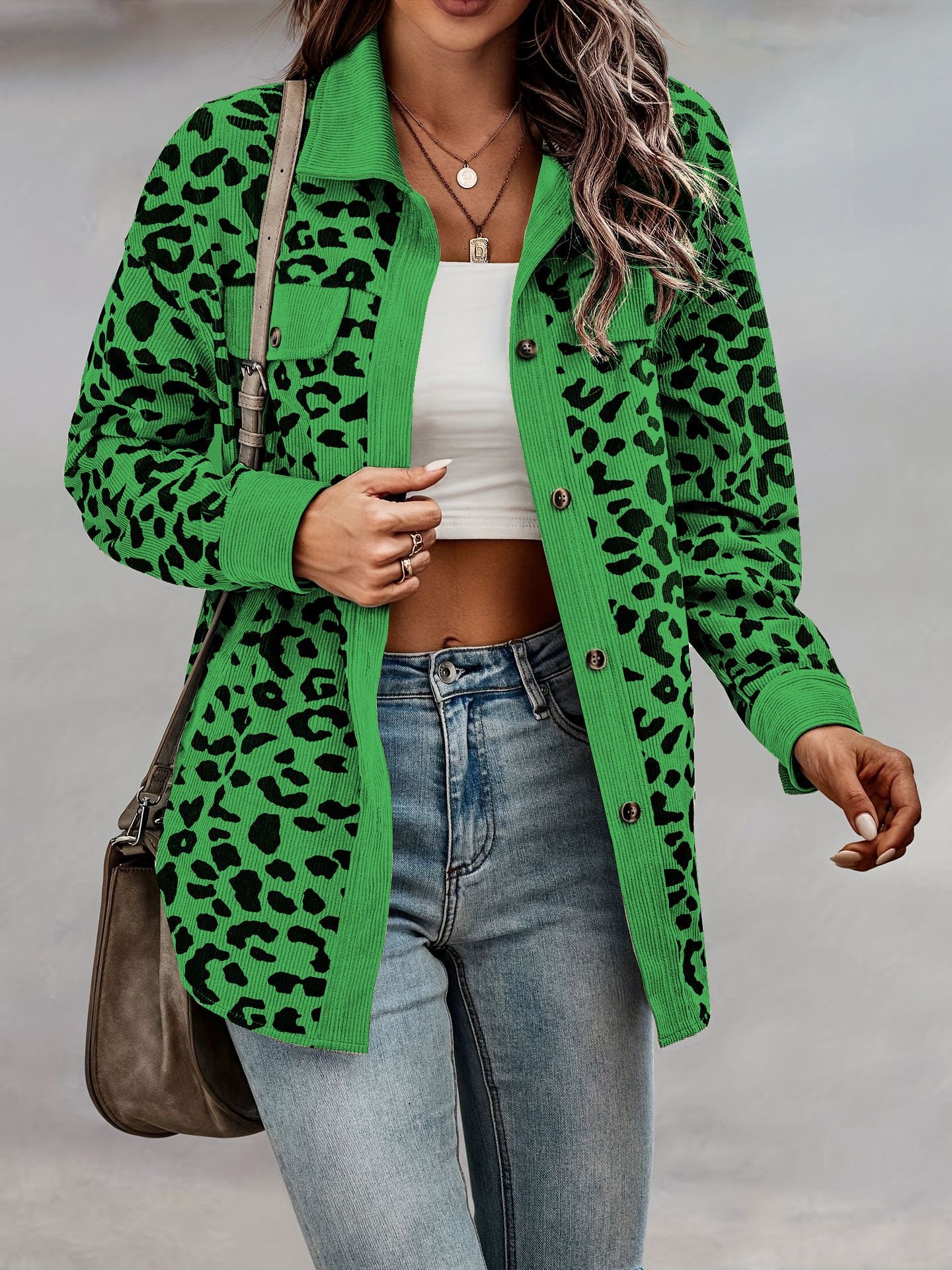 Women's Fashion Leopard Print Button Long Sleeve Coats