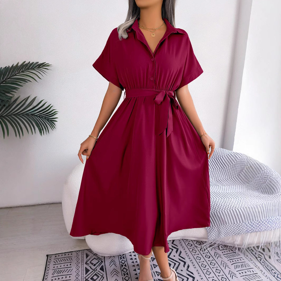 Women's Wind Casual Loose Pure Color Tied Shirt Dress