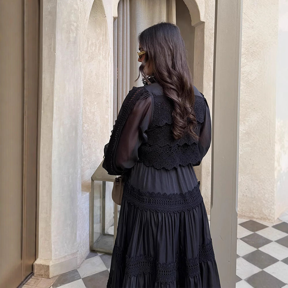 Women's Summer Retro French Lapel Hollow Puff Sleeve Elegant Tied Clothing