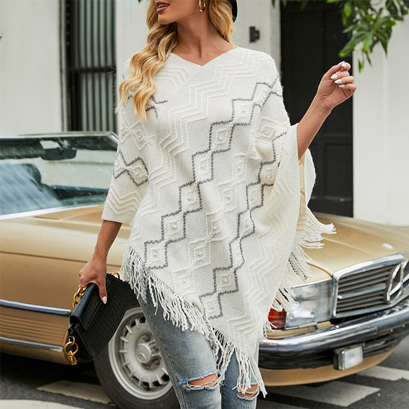 Women's Autumn Wave Striped Cloak Tassel Inverness Clothing
