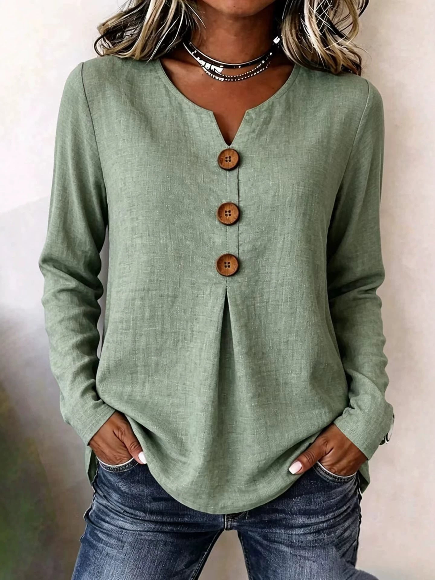 Women's Autumn Loose Solid Color Button Pleating Tops