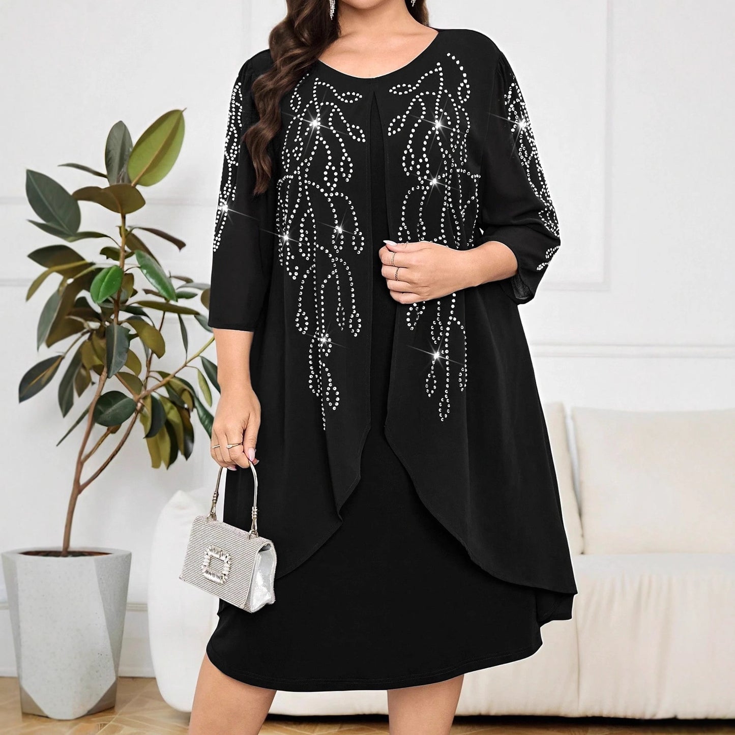 Women's Half Sleeve Rhinestone Temperament Commute Pullover Fake Dress