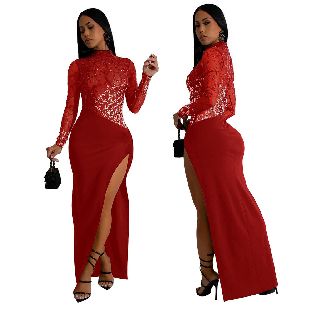 Women's High Collar Long Sleeve Rhinestone Slit Dresses