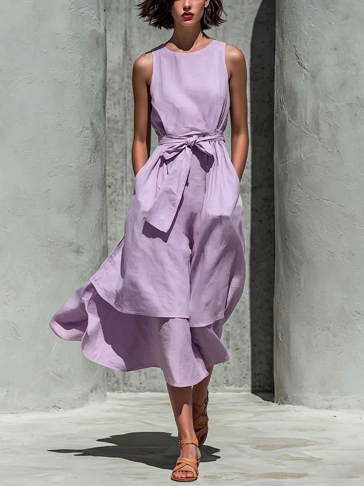 Sleeveless Round Neck Tied Waist Irregular Swing Dress