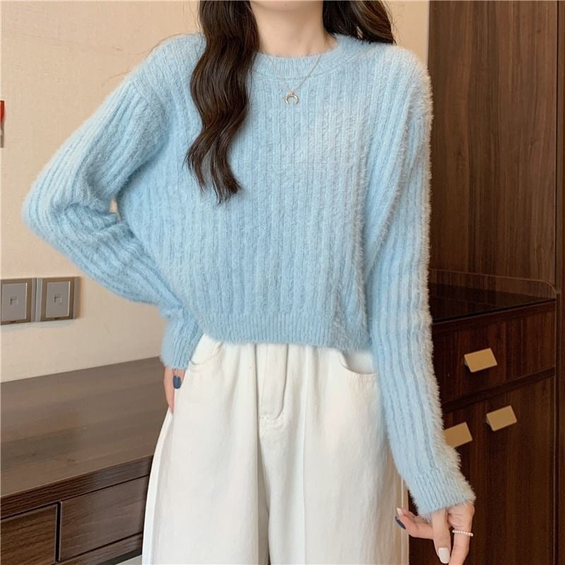 Women's Korean Style Mink Solid Color Sweet Graceful Pullover Women's Sweater