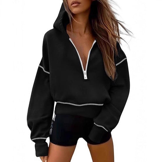 Women's Half Zipper Ladies Hooded Long-sleeved Fashion Women's Sweater, Sweater