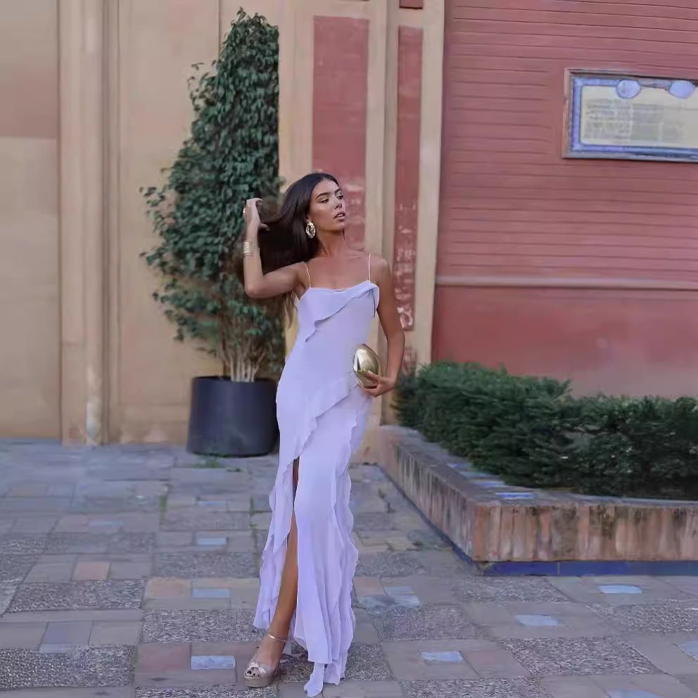 Spring Slit Ruffled Sexy Suspender Dress Dresses