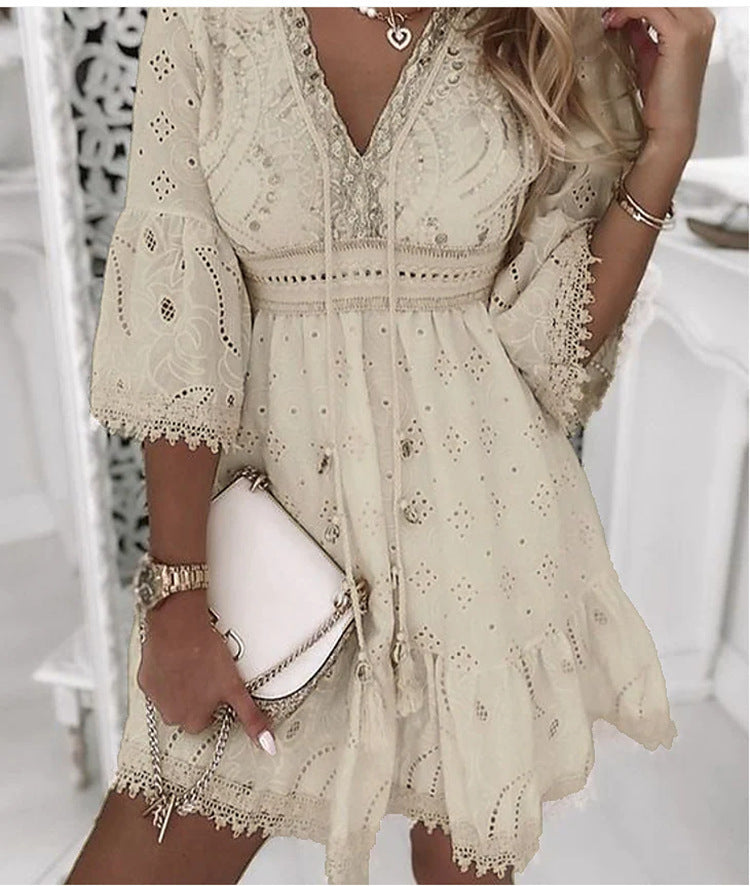 Women's White Hollow Tassel Embroidered Dress Dresses