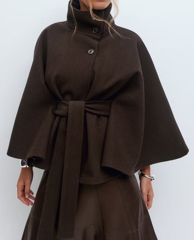Women's Fashion Solid Color Cloak Stand Collar Button Coats