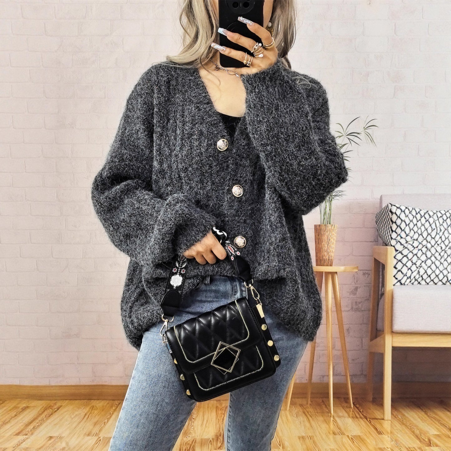 Retro Thick Gold Button Knitted Single-breasted Sweaters