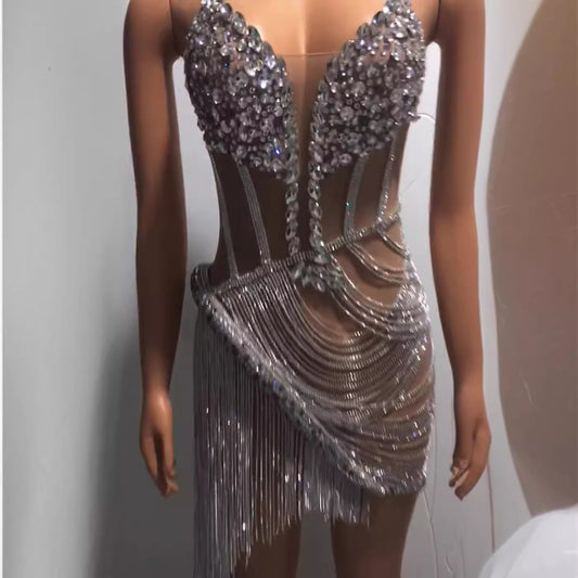 Women's Elegant Shiny Diamond Backless Sexy Apricot Dresses