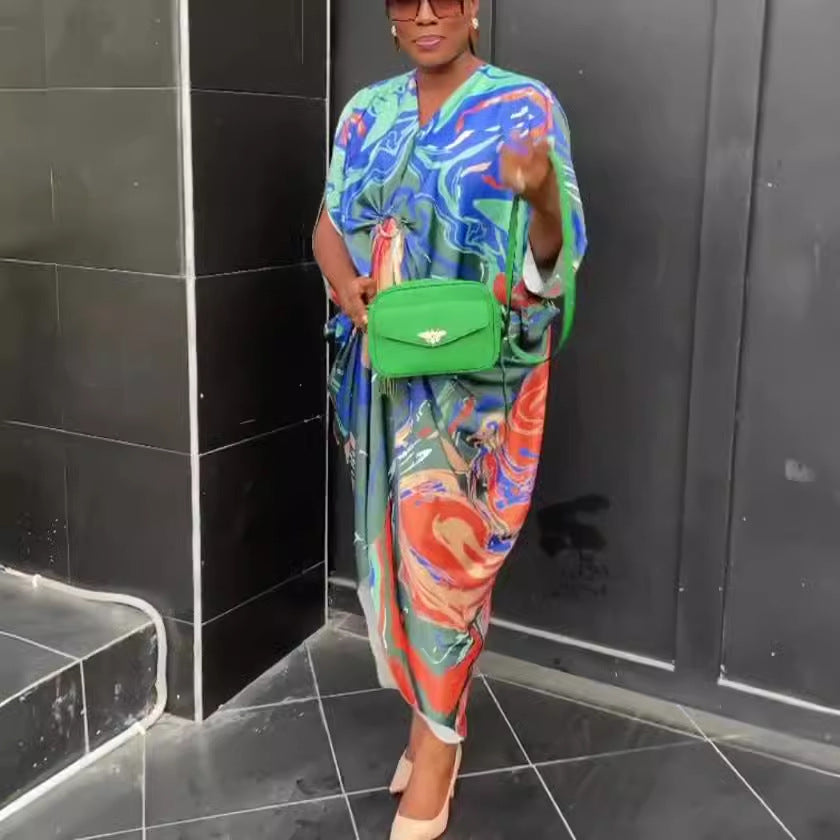 Women's Summer Printed Wide Loose Satin Sleeve Dresses